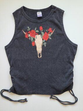 Graphic Tank Top Cow Skull Roses Juniors XXL / 19 Grey Cotton Blend Ribbed Boho
